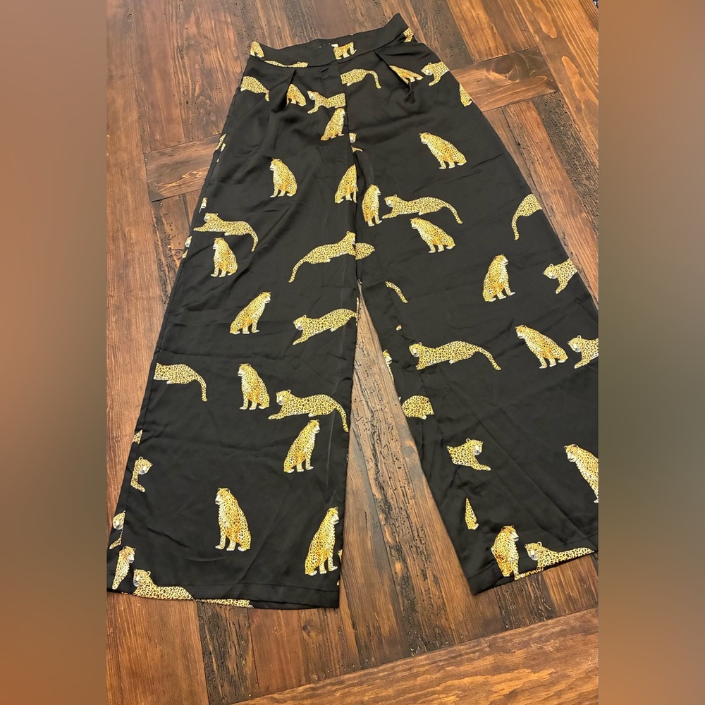 Wide Leg Black Pants with Gold Cheetah Print